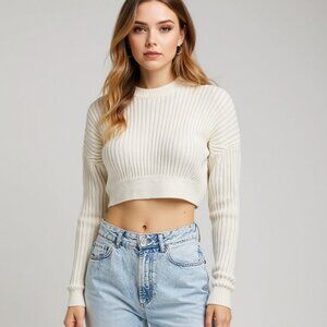 Urban Outfitters | Big Sur Ribbed Cropped Long Sleeve Sweater Neutral Cream